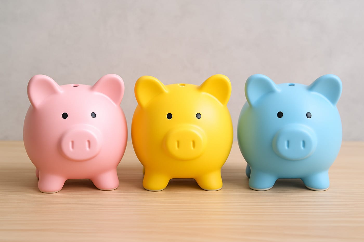 Three piggy banks in different colours, red yellow and blue