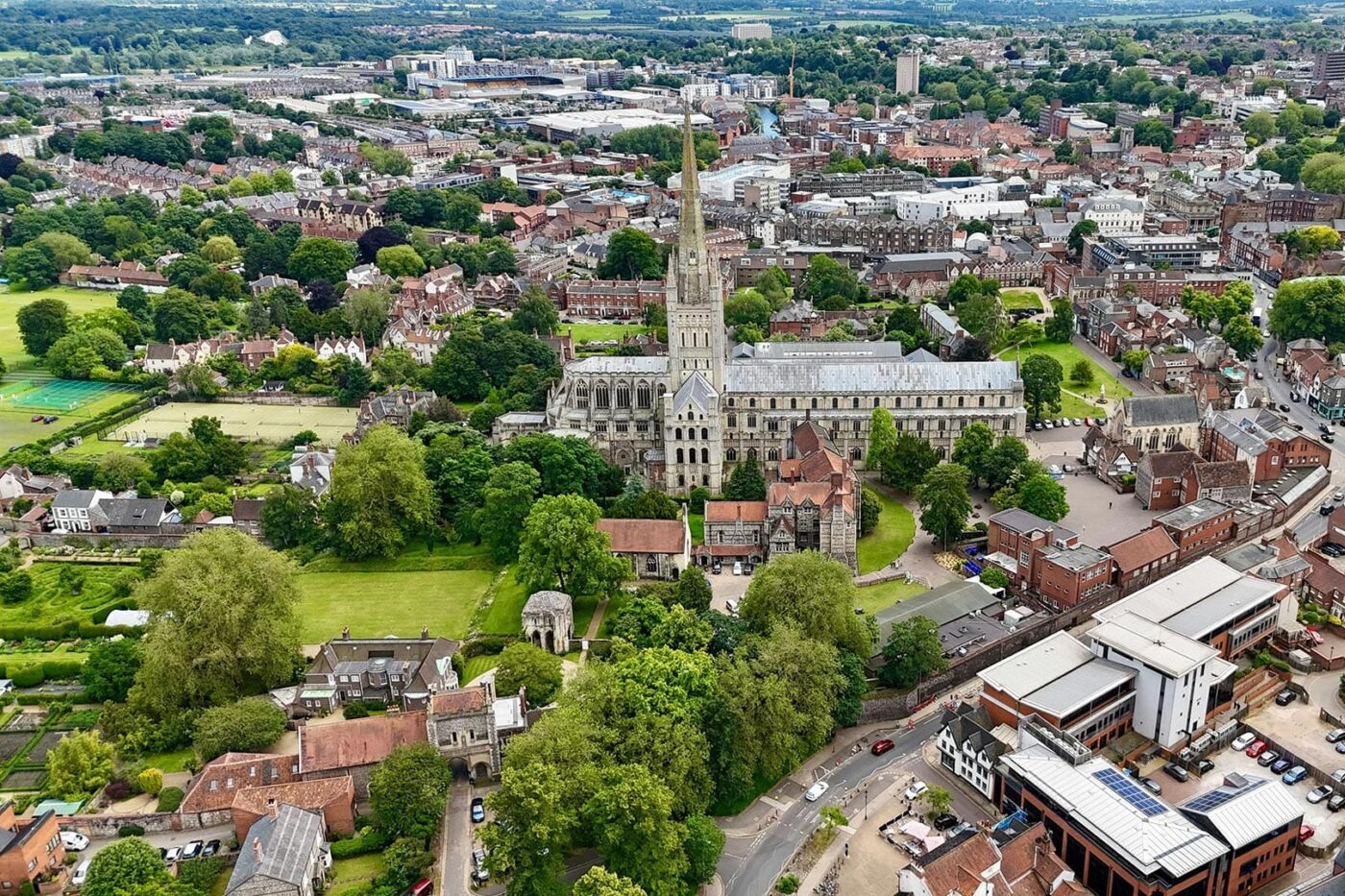 A photo above Norwich, Norfolk in the UK of Norwich Cathedral